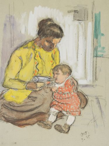 Otto Weil, Hanna Weil mit Tochter, 1925, Kreide auf Papier, 28 x 21 cm, Privatsammlung