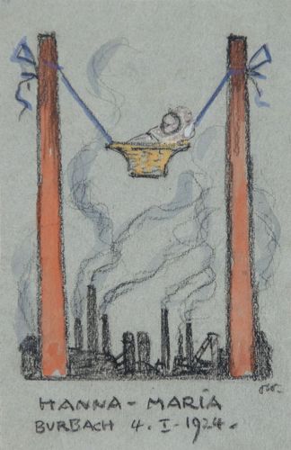 Otto Weil, Zur Geburt, 1924, Kreide, Aquarell auf Papier, 13 x 9 cm, Privatsammlung